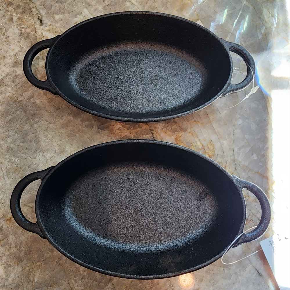 Cast Iron Pioneer Woman - PAIR (2) of oval small baking pans with handles.